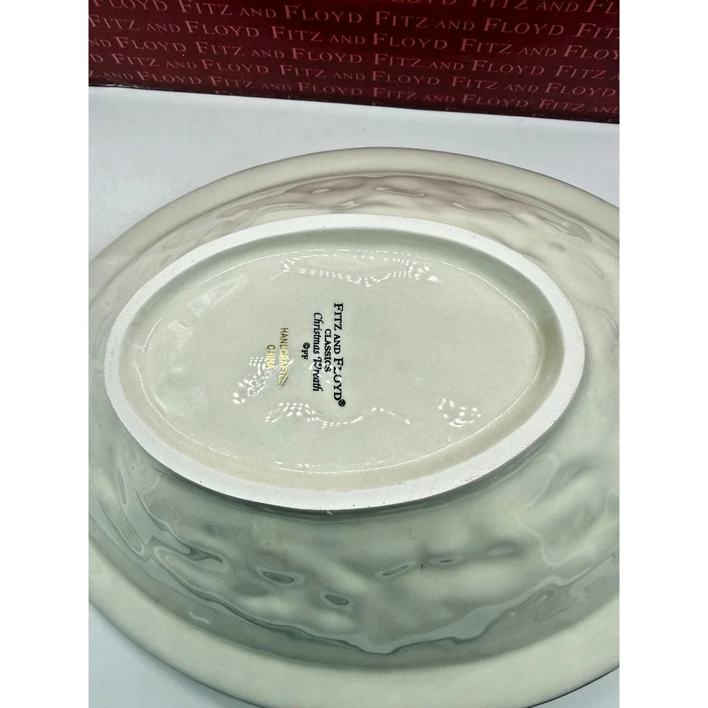 Fitz And Floyd Christmas Wreath Green Oval Bowl Porcelain Collector Plate